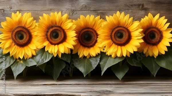 Fototapeta Bright Sunflowers Arranged Against Rustic Wooden Background in Summertime Setting