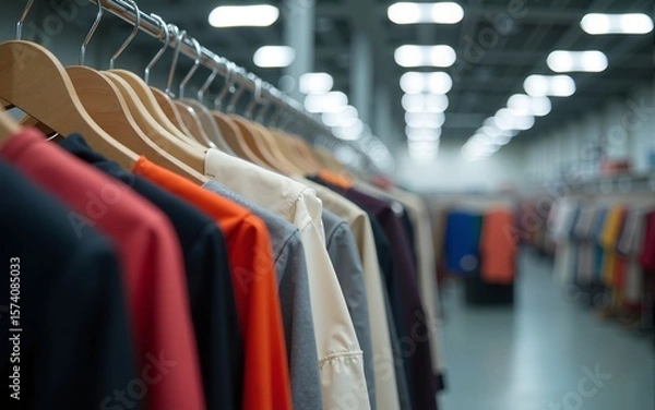 Obraz Rows of Clothing on Hangers in a Modern Warehouse. High quality