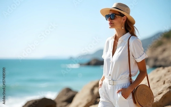 Obraz Outdoor summer fashion portrait of elegant woman wearing white linen suit, sunglasses, with round wicker bag, posing on rocks near sea. Copy, empty space for text. High quality