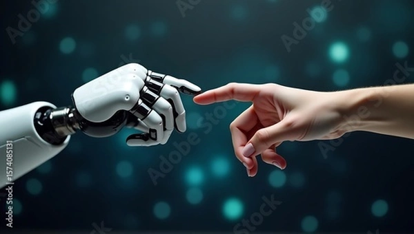Obraz Robot hand and human hand reaching out to touch against a dark bokeh background image view