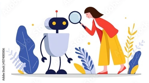 Fototapeta Curious Woman Examining Robot Character with Magnifying Glass in a Colorful Animated Setting