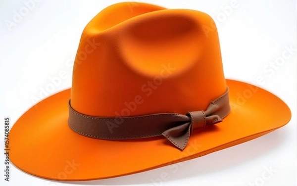 Obraz A vibrant orange hat adorned with a rustic brown ribbon wrapped around its brim. High quality