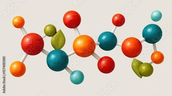 Obraz Colorful Molecular Structure Representation with Spheres and Leaves on a Light Background