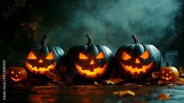 Fototapeta Four illuminated Jack-O'-Lantern pumpkins amid autumn leaves and a misty, eerie backdrop, symbolizing the festive and mysterious elements of Halloween night.