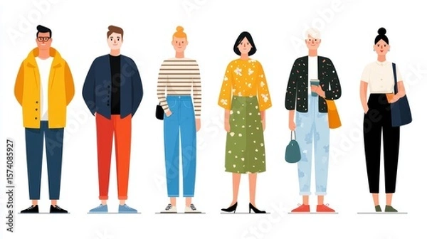 Fototapeta Diverse Group of Young Adults in Modern Fashion Outfits Displaying Varied Styles in a City Setting