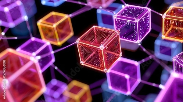Obraz Colorful 3D Abstract Graphic of Glowing Cubes Connected in a Digital Network