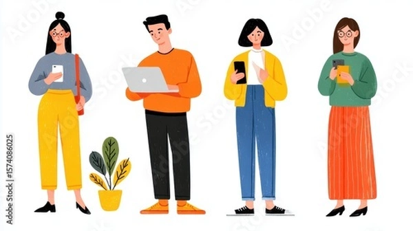 Obraz Group of Diverse Young People Engaged in Digital Communication with Smartphones and Laptop