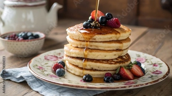 Fototapeta Stack of fluffy pancakes topped with berries and maple syrup