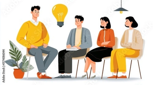 Obraz Group of Professionals Engaged in a Business Meeting with Lightbulb Symbolizing Innovative Ideas