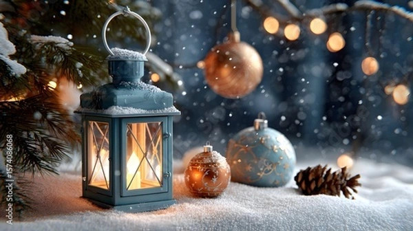 Obraz Lantern Glowing Among Snowy Decorations and Ornaments on a Cozy Winter Evening