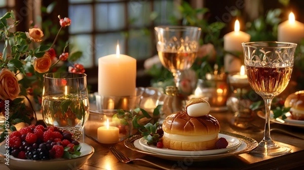 Obraz Elegant Dinner Table Set with Candles, Gourmet Dessert and Fresh Berries for a Romantic Evening