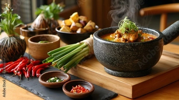 Obraz Steaming Bowl of Delicious Spicy Soup with Fresh Ingredients and Aromatic Herbs on Wooden Table