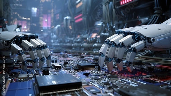 Obraz Futuristic Robotic Hands Interacting with Complex Circuit Board in High-Tech Environment