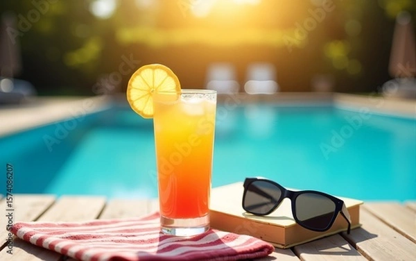 Obraz Summer drink with lemon wedge, striped towel, book, and black sunglasses on deck by sunlit pool, evoking peaceful relaxation and warm holiday vibes. Concept of summertime recreation, tourism. Ad