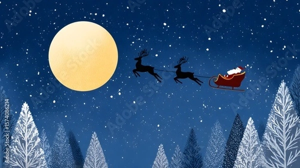 Obraz Santa Claus Flying With Reindeer In A Sleigh Under A Full Moon In A Snowy Winter Night