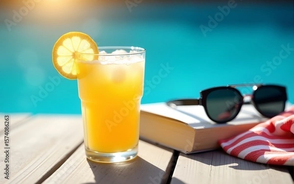 Obraz Summer drink with lemon wedge, striped towel, book, and black sunglasses on deck by sunlit pool, evoking peaceful relaxation and warm holiday vibes. Concept of summertime recreation, tourism. Ad