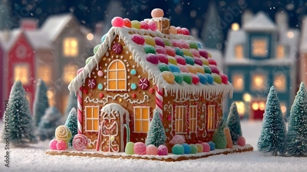 Obraz Colorful Gingerbread House Surrounded by Snowy Landscape and Festive Decorations