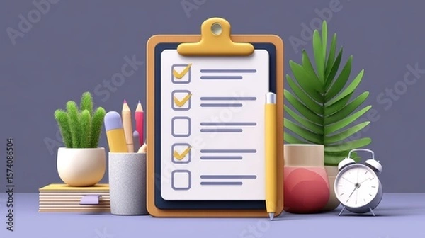 Obraz Clipboard With Checklist Surrounded By Stationery And Green Plants On A Minimalist Workspace