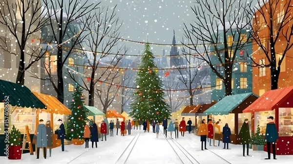 Obraz Winter Holiday Market with Festive Decorations and Snowfall in a Charming Urban Street
