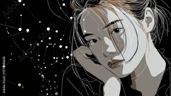 Obraz Thoughtful Woman in Abstract Monochrome Portrait Expressing Contemplation and Serenity