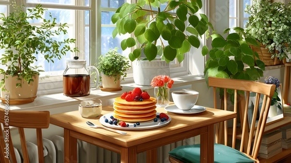 Obraz Bright and Cozy Breakfast Table with Pancakes and Fresh Fruit Surrounded by Indoor Plants