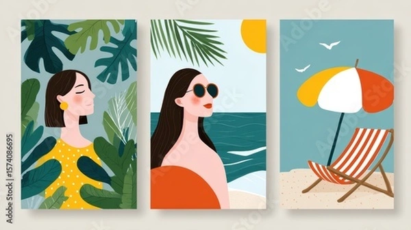 Obraz Artistic Representation of Women in Sunglasses at a Tropical Beach with Sun and Umbrella