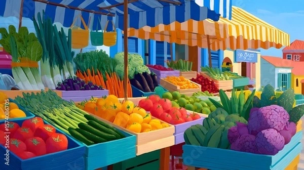 Fototapeta Vibrant Outdoor Market Displaying Fresh Fruits and Vegetables in a Colorful Setting