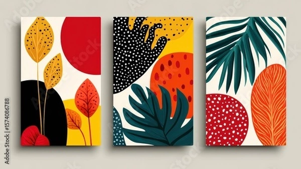 Fototapeta Colorful Abstract Botanical Art Prints with Geometric Shapes and Vibrant Patterns