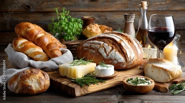 Obraz Artisan Bread and Gourmet Cheeses Accompanied by Fine Wine and Fresh Herbs on Rustic Wooden Table