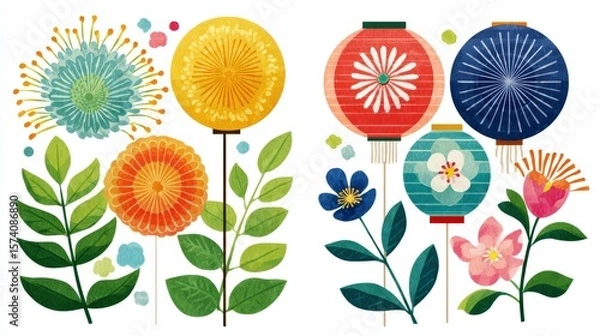 Obraz Colorful Floral Lanterns and Flowers Illustration Showcasing Nature's Vibrant Beauty and Design
