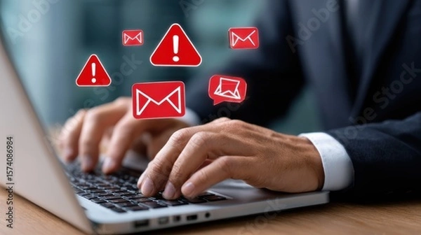 Obraz Professional Businessman Checking Notifications on Laptop in Modern Office Workspace with Alerts