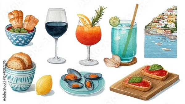 Obraz Assorted Food and Beverages Featuring Cocktails, Seafood, and Appetizers on a Bright Table