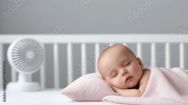 Obraz Sleeping baby wrapped in soft pink blanket on white crib mattress, with gentle fan in background creating a serene and peaceful atmosphere for rest and relaxation