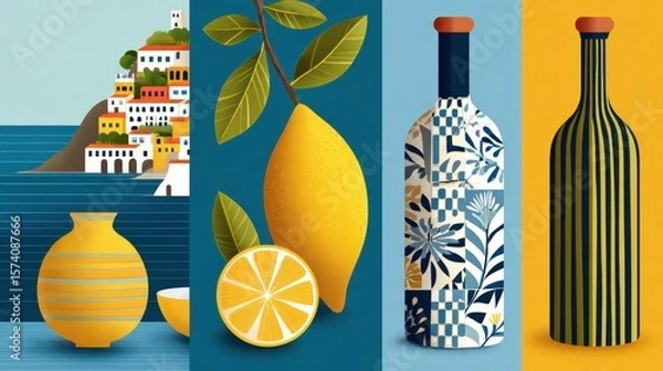 Obraz Collection of Colorful Decorative Vases and Lemons with Modern Design Elements and Bold Colors