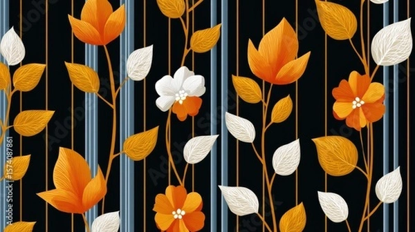 Obraz Elegant Floral Pattern with Orange and White Blooms on a Dark Striped Background