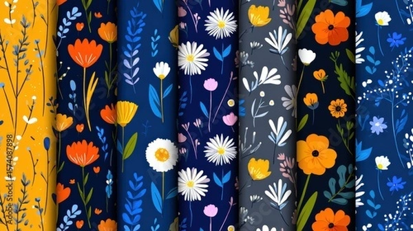 Obraz Floral Pattern Design Featuring Vibrant Colors and Varied Flower Motifs on Dark Backgrounds