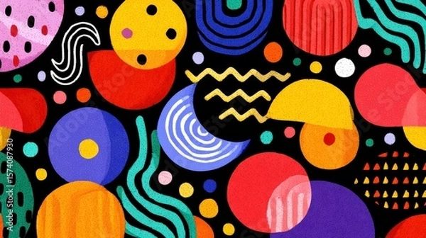 Obraz Colorful Geometric Abstract Design with Vibrant Shapes and Patterns on Dark Background