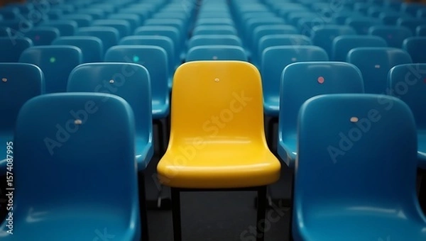 Obraz A single yellow seat stands out among rows of blue seats in an auditorium or stadium setting