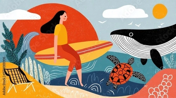 Obraz Young Woman Surfing with Whale and Turtle in Vibrant Ocean Scene at Sunset