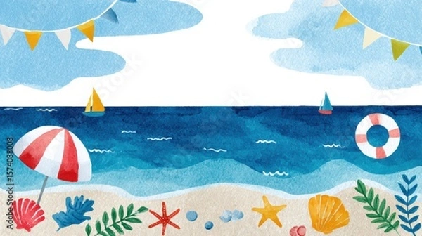 Fototapeta Vibrant Beach Scene Featuring Colorful Elements and Calm Ocean Under a Blue Sky