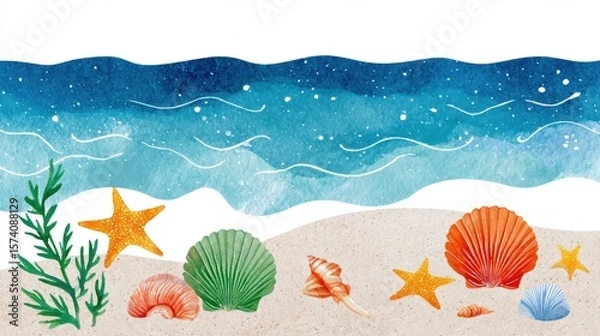 Obraz Vibrant Beach Scene with Colorful Seashells and Gentle Ocean Waves at the Shoreline
