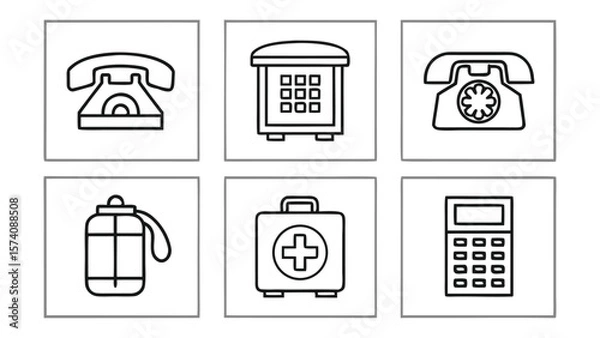 Fototapeta Collection of simple black and white line art icons representing communication and health objects