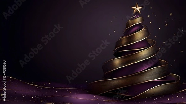 Fototapeta Elegant depiction of a modern Christmas tree design featuring golden ribbons and a star, set on a rich purple background