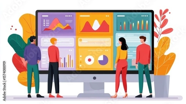 Fototapeta Group of Professionals Analyzing Colorful Data Analytics on Large Monitor in Modern Workspace
