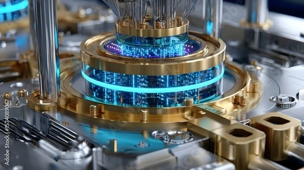 Fototapeta Close-Up View of Intricate Mechanical Component Featuring Gold and Blue Illuminated Elements