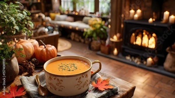 Fototapeta Delicious Pumpkin Soup in an Elegant Bowl on a Cozy Table with Autumn Decorations and Warm Fireplace