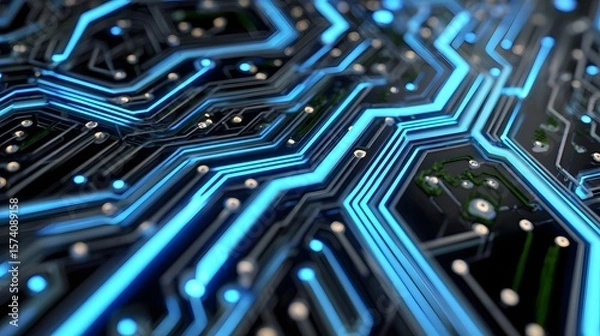 Fototapeta Close-Up View of a Complex Circuit Board Featuring Blue Illuminated Lines and Patterns