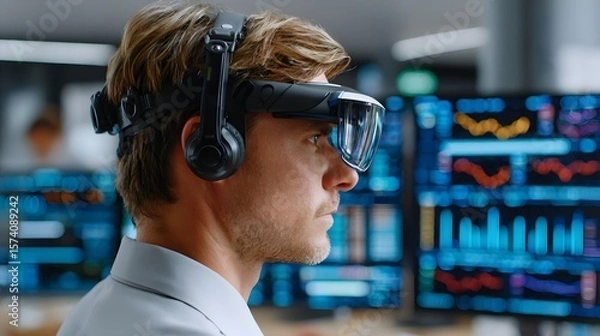 Fototapeta Business Professional Wearing Virtual Reality Headset While Analyzing Data in Modern Office Environment