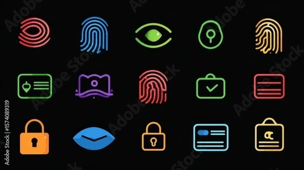 Fototapeta Collection of Colorful Icons Representing Security, Identity, and Digital Technology Concepts