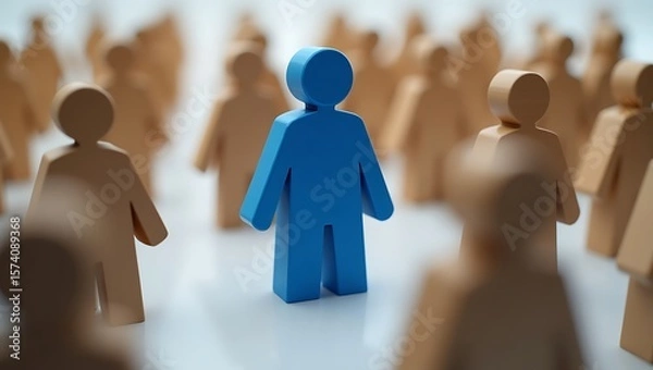 Obraz A blue figure standing out among tan figures in a crowd on a white surface with a bright background